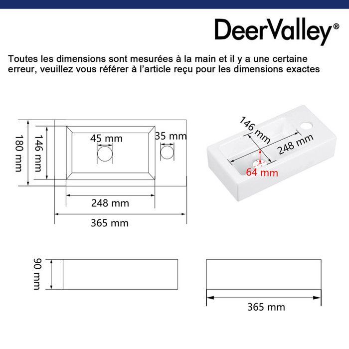 Lavatório retangular de parede DeerValley, branco, furo para torneira à direita, 36,5 x 18 x 9 cm, DV-1V081R