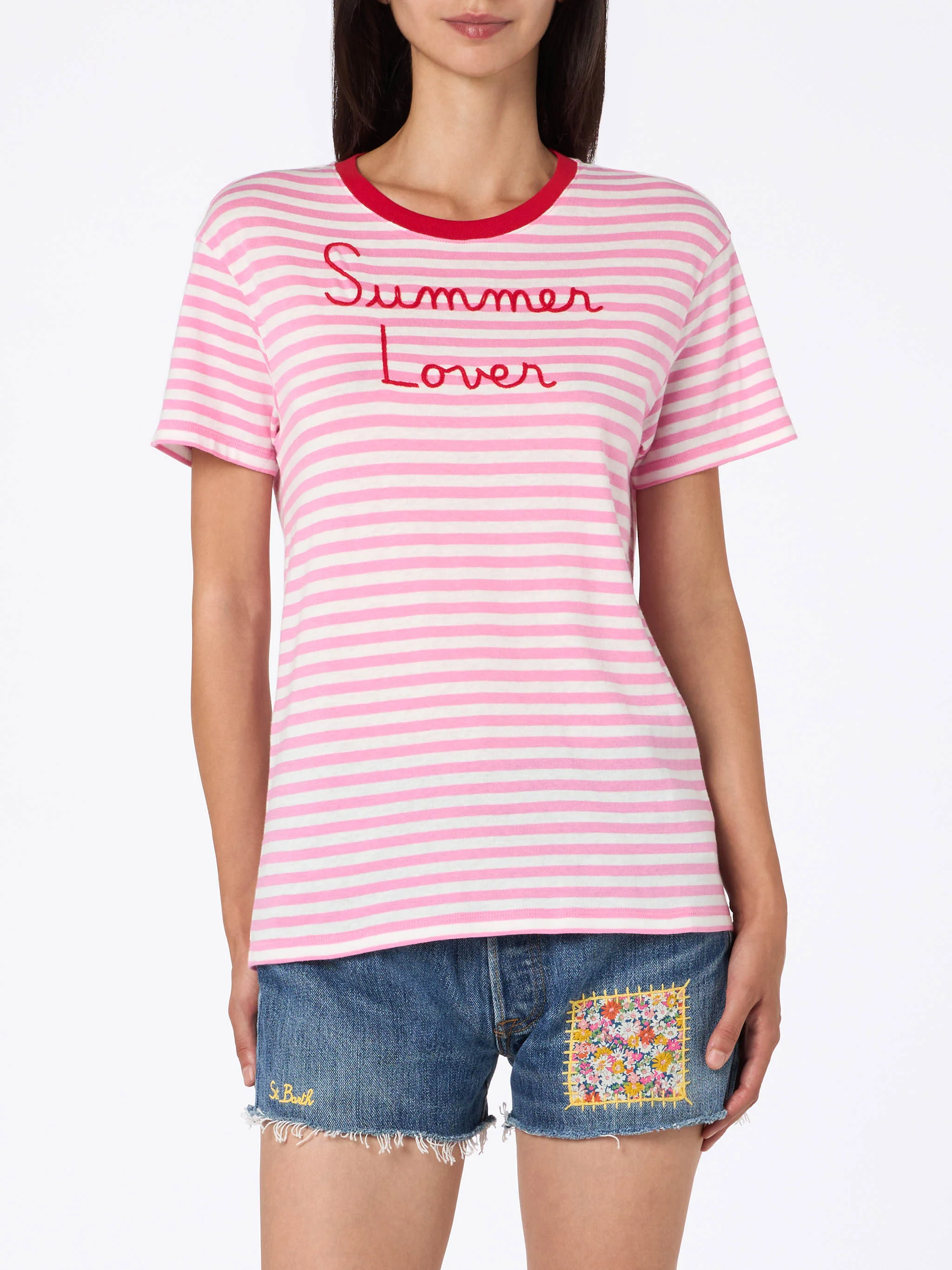 Emilie dames gestreept katoenen jersey coltrui T-shirt met ribbels