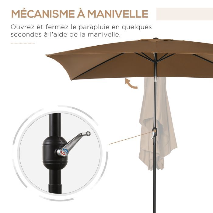 Sombrilla rectangular basculante - Outsunny - protección solar - tejido de poliéster de 180 g/m² - 2,94 m de largo x 1,98 m de ancho x 2,55 m de alto - marrón