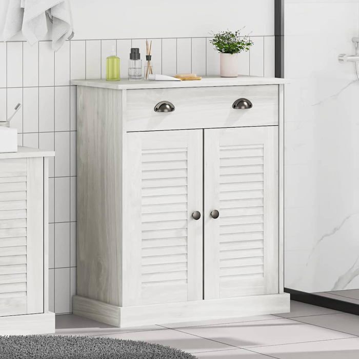 Badezimmerschrank – vidaXL – Massives Kiefernholz – Antikweiß – 67,5 x 34 x 80 cm – Viel Stauraum