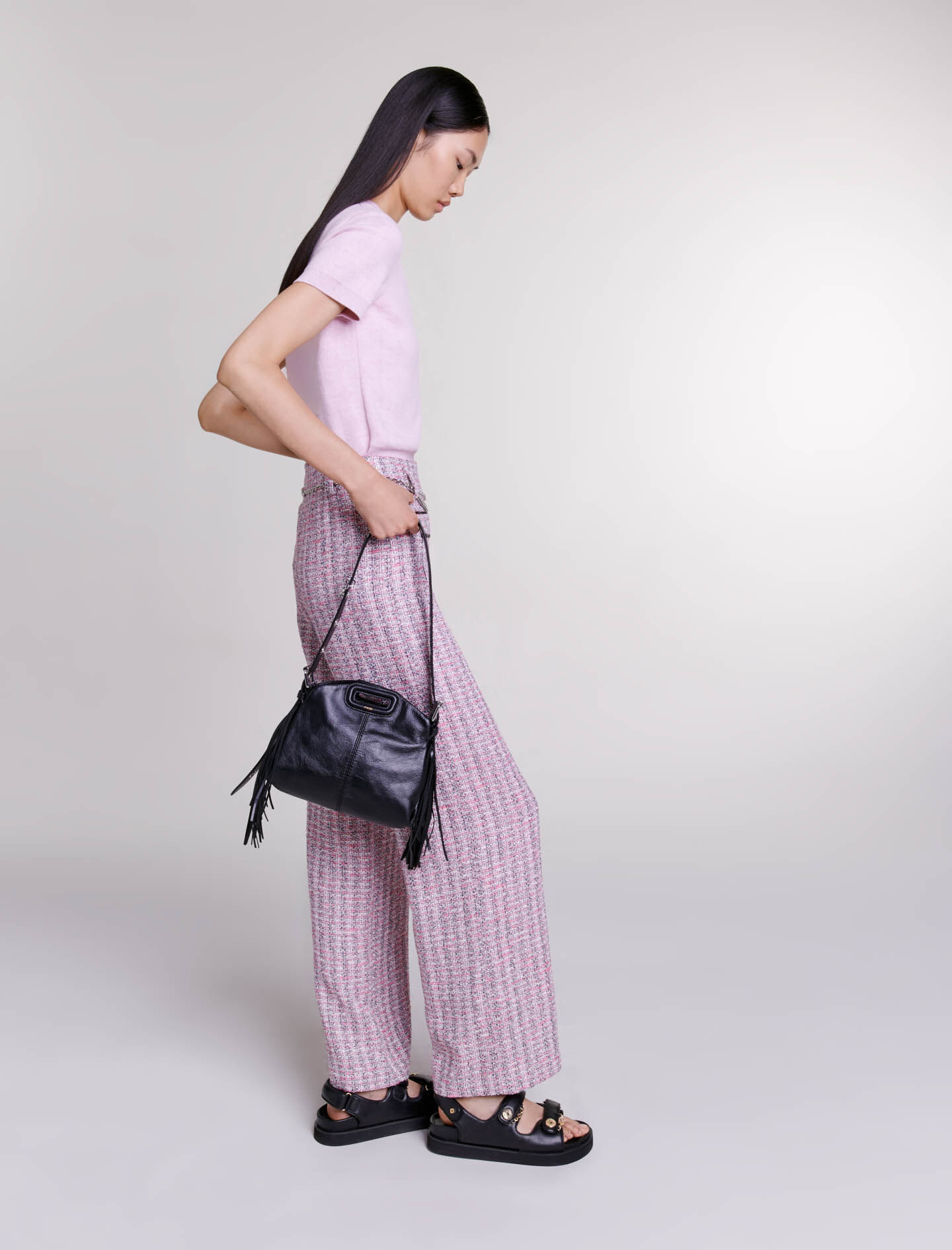 Broek ook verkrijgbaar in tweed-roze/zwart