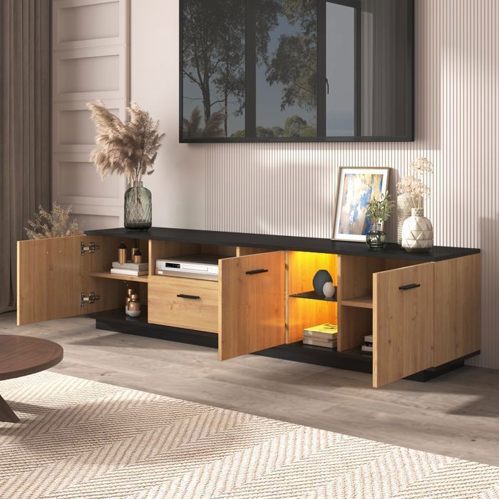 Mueble para TV LED de estilo moderno con un cajón, tres puertas, dos separadores, 180 x 40 x 45 cm, negro.