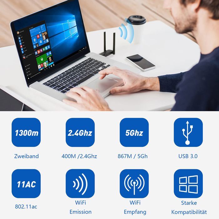 Adaptador WLAN USB para PC, adaptador WLAN USB 3.0 de 1800 Mbps, dongle de internet de doble banda 2,4 GHz/5,8 GHz con 2 antenas de 5 dBi.