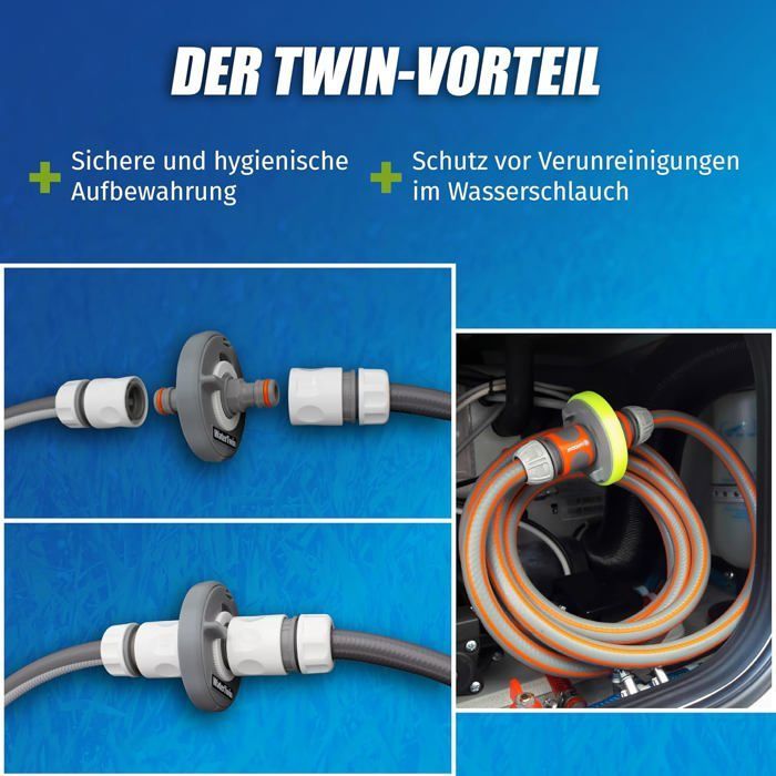Water tank cap adapter with connection for Gardena system for motorhomes, caravans, boats. Overflow function and