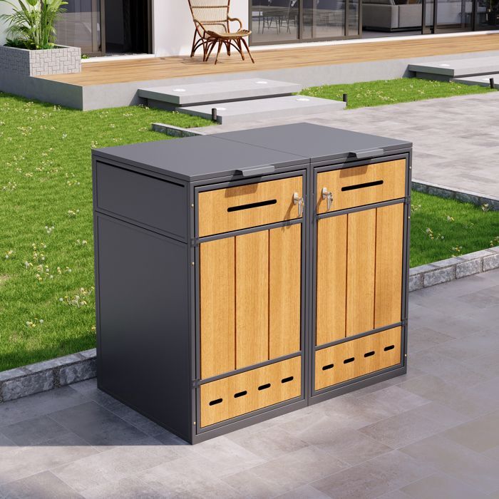 Bin storage unit for 2 bins (120-240 L), hinged lid, lockable door, metal, grey + wood