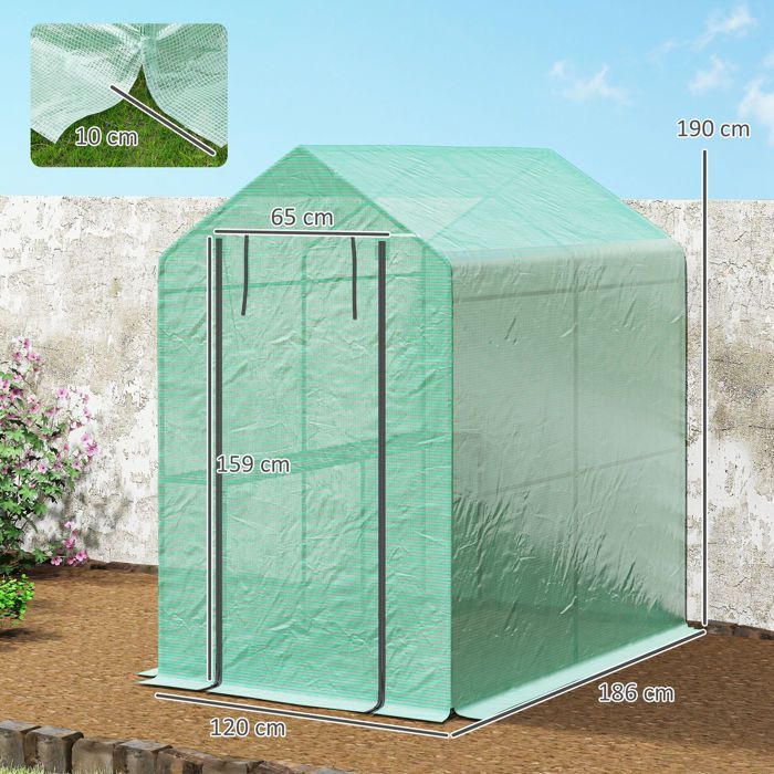Invernadero de jardín - Outsunny - Estantería de 2 niveles con puerta enrollable con cremallera - Cubierta reforzada de 140 g/m², estructura de acero - Verde