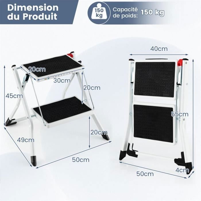 Escalera plegable de 2 peldaños COSTWAY, estructura metálica resistente, pedal antideslizante, 50 x 49 x 45 cm, capacidad de 150 kg, negro + blanco