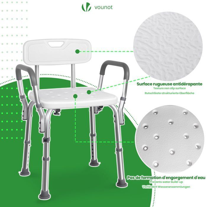 VOUNOT® Chaise de douche avec dossier et accoudoirs - Hauteur réglable - Pieds antidérapants - Siège en Aluminum HDPE - Blanc