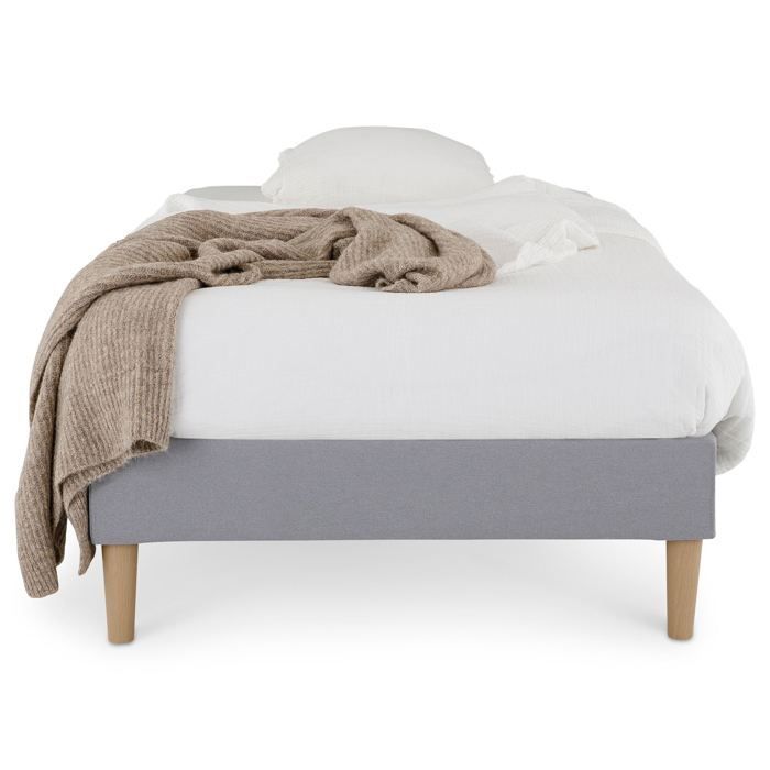 Base de cama tapizada PAIMPOL de 90 x 190 cm, estructura de madera y revestimiento de tela gris, estructura de cama con patas.