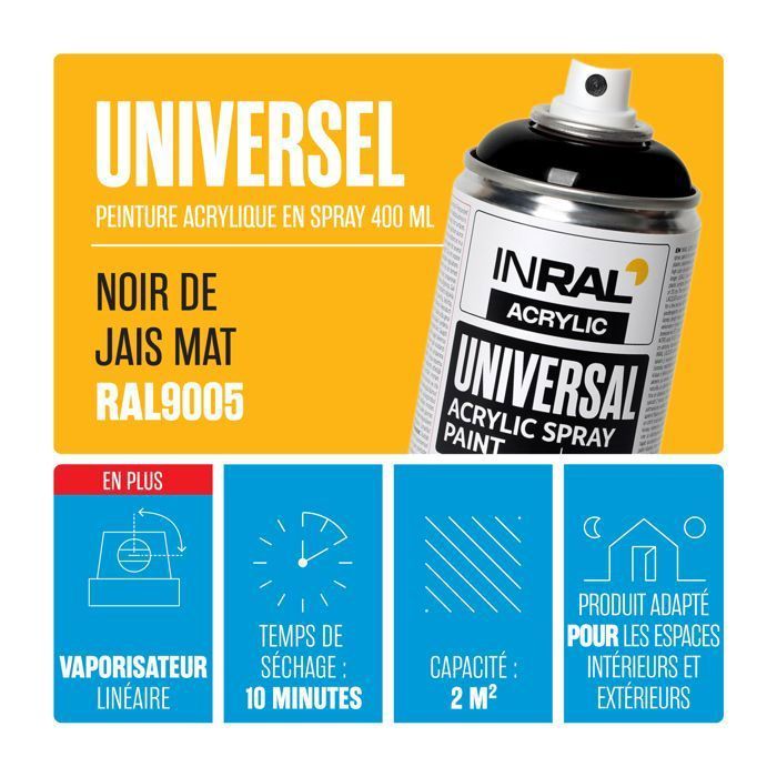 INRAL RAL9005 Deep Matte Black Acrylic Aerosol Paint – Quick Drying, Durable Indoor/Outdoor Protection – 400 ml