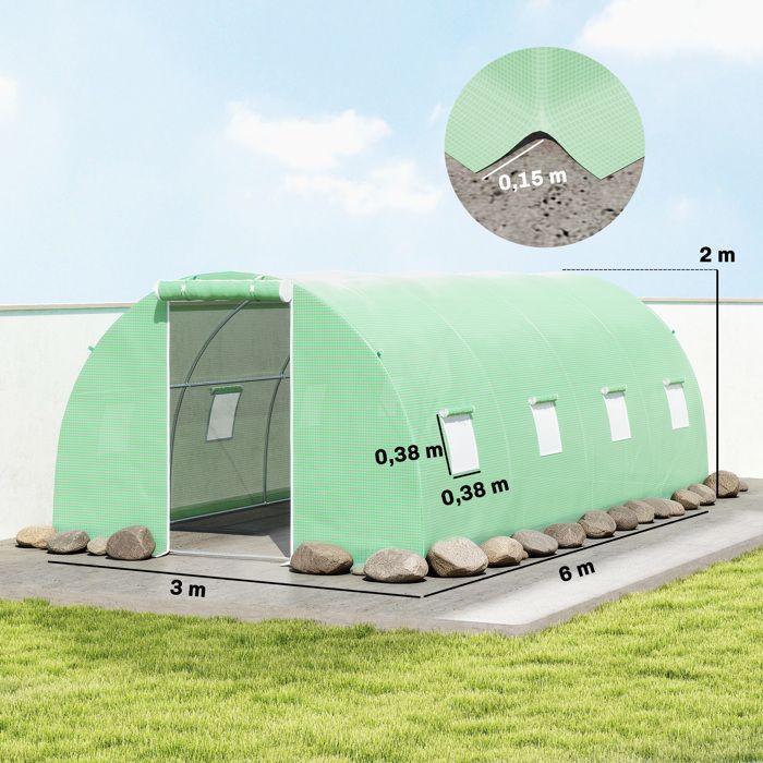 Invernadero tipo túnel Outsunny - 18 m², 8 ventanas, puerta con cremallera, estructura de acero galvanizado, cubierta de PE - 6x3x2 m - verde
