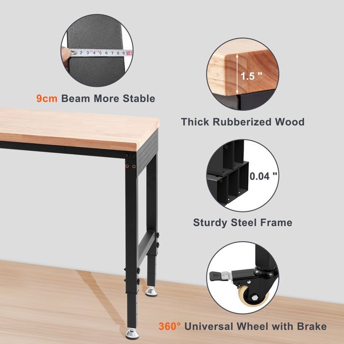 Mesa de trabajo ajustable VEVOR - 1830 x 635 mm - Mesa multiusos para el hogar/oficina - Capacidad de carga 1361 kg - Tomas de corriente