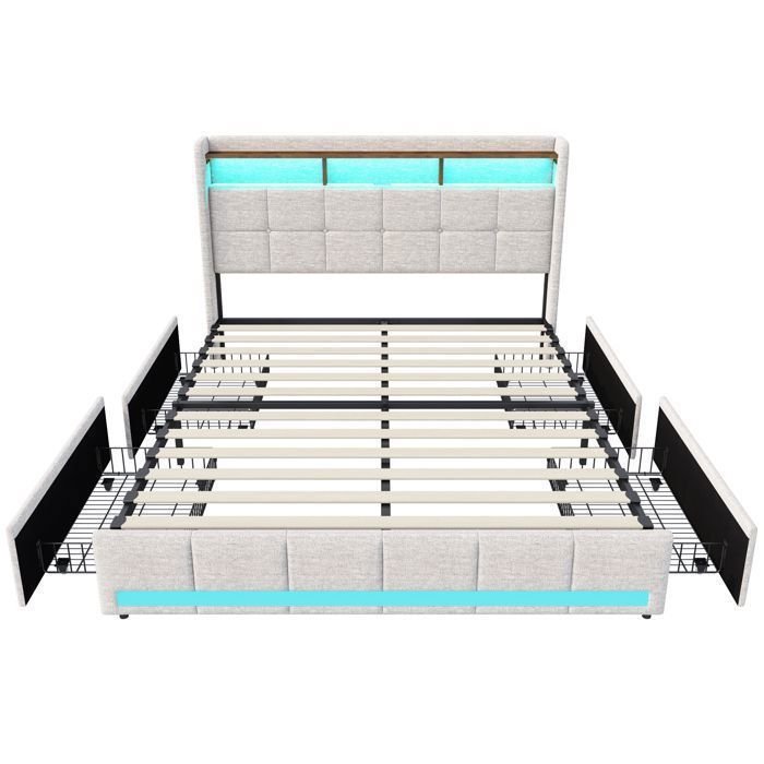 Lit 140x200 cm avec tiroirs, lit double avec tiroirs, chargement USB+Type C, cadre de lit avec sommier à lattes, lit adulte, beige