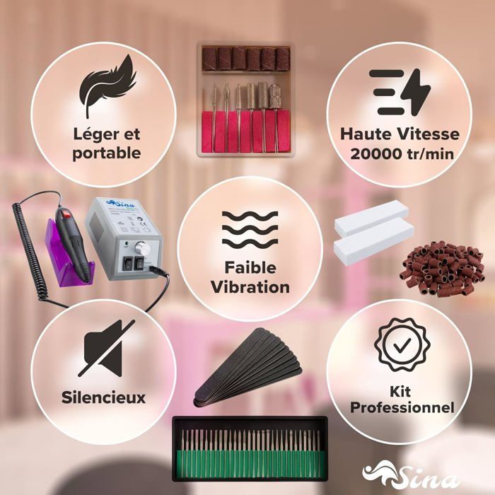 SINA Fraises à ongles électriques | ponceuse à ongles electrique | Lime à Ongles électrique | 100 manchons abrasifs | 20 000 tr/min