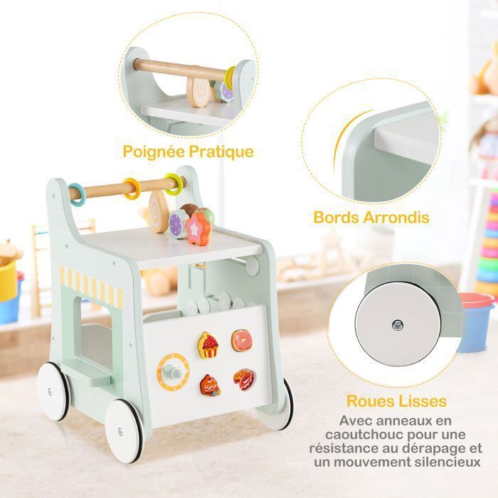 DREAMADE Girello in legno per bambini da 1 anno in su, carretto multifunzionale per gelati con accessori e ruote scorrevoli, verde