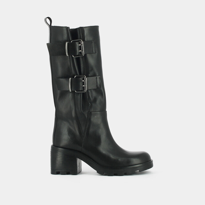 Bottes à talons et boucles latérales  en cuir noir