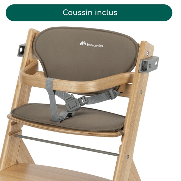 Bebeconfort Timba2 + Cushion, Baby High Chair, 6 Months - 99 Years, Up to 110 kg, Adjustable Seat/Footrest, Natural Wood + Beige