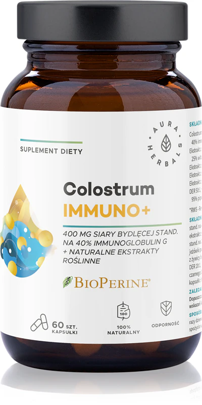 Aura Herbals Colostrum Immuno + BioPerine® voedingssupplementcapsules ter ondersteuning van het immuunsysteem.