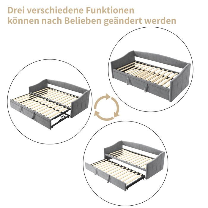 Lit Rembourré 90×200 cm,Canapé-lit Extensible 90/180×200cm avec sommiers à lattes,lit multifonctionnel en tissu en velours,gris