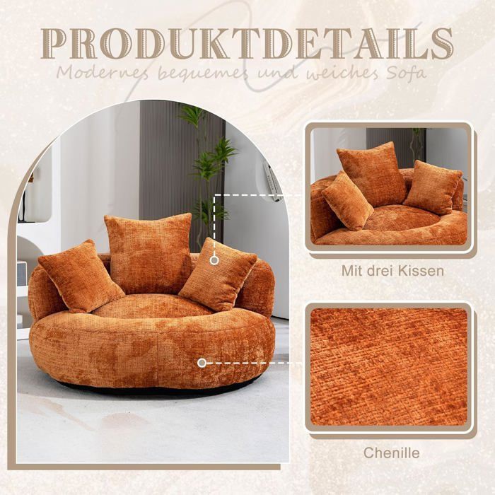 Sillón puf de chenilla LEMONBEST, 2 plazas con 3 cojines - 108×108×52 cm Naranja