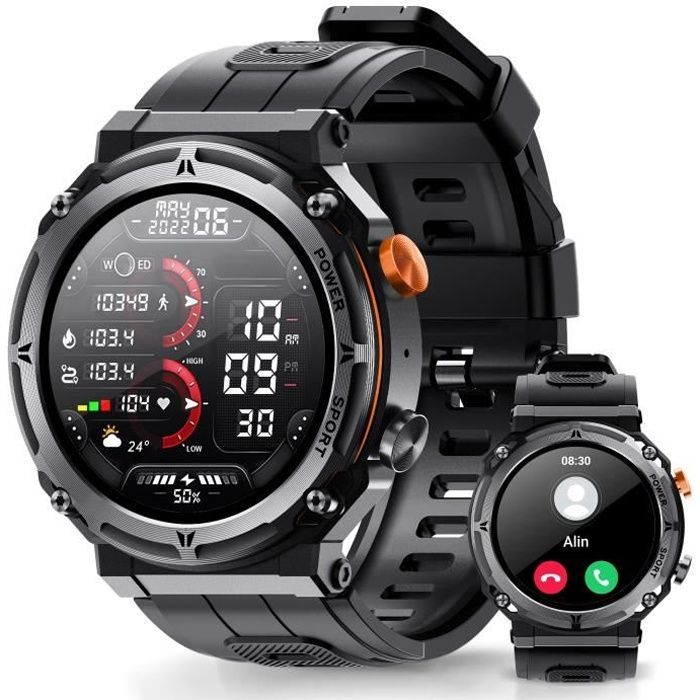 Smartwatch da uomo in stile militare - Impermeabile fino a 5 ATM, chiamate e SMS in HD, monitoraggio intelligente del sonno, fitness tracker