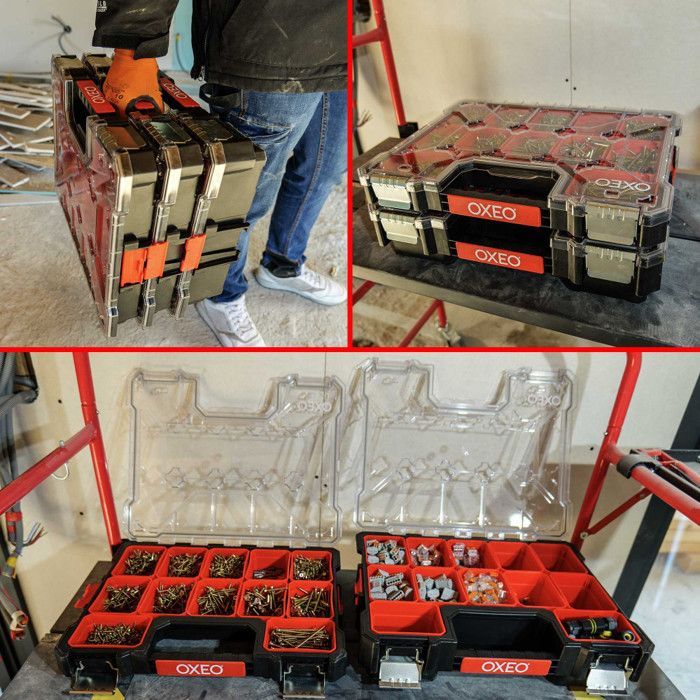 Juego de 2 estuches organizadores apilables - 2 x 12 compartimentos extraíbles - resistentes a los golpes - 2 profundidades