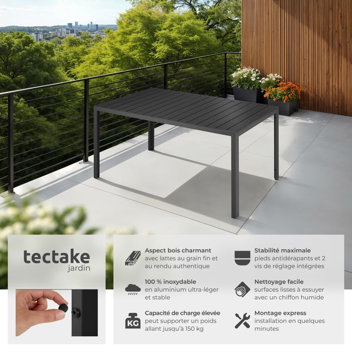 Mesa de exterior - TECTAKE - Mesa de jardín BIANCA con patas regulables en altura, aluminio, tapas de plástico - 150 x 90 cm - Negra