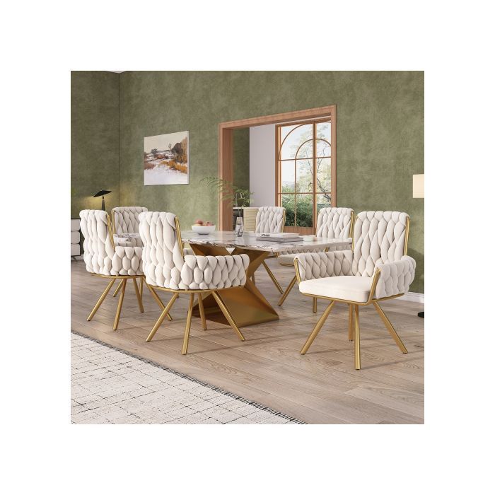 Lot de 6 Chaises de Salle à Manger en Velours - Siège Pivotant 360° et Accoudoirs - Fauteuils Pivotants Beige - Design Moderne