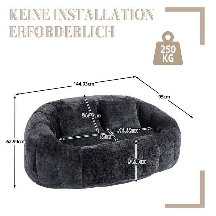 Canapé pouf poire 2 places LEMONBEST 150×95×63 cm - Chenille noir, mousse à mémoire