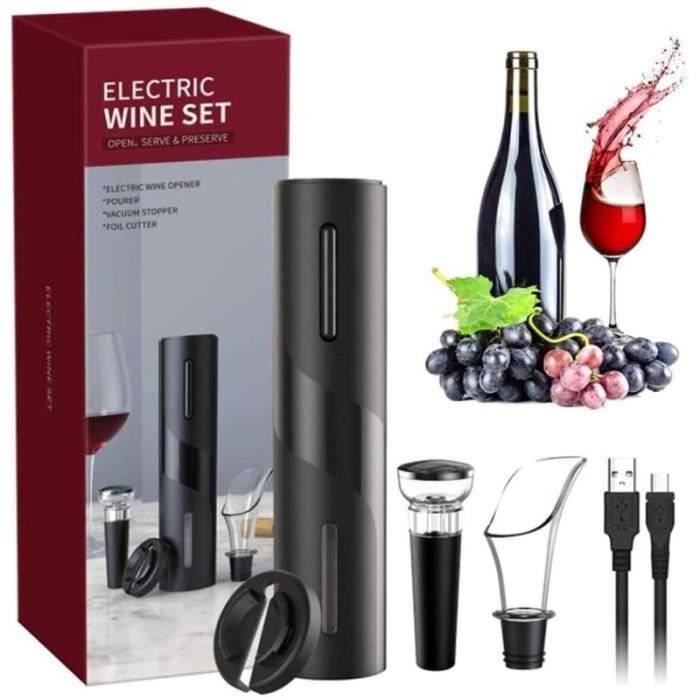 Sacacorchos eléctrico, abridor automático de botellas de vino USB 4 en 1 con cortador de cápsulas, vertedor y tapón de vino, negro.