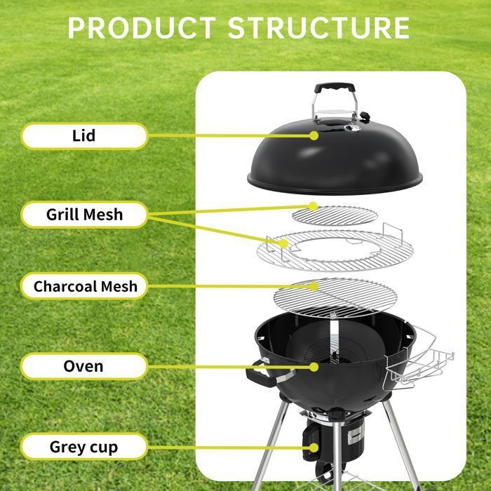 Round 57cm Charcoal Barbecue with Lid, Ideal for 4 to 12 People, Ash Drawer, Adjustable Vent