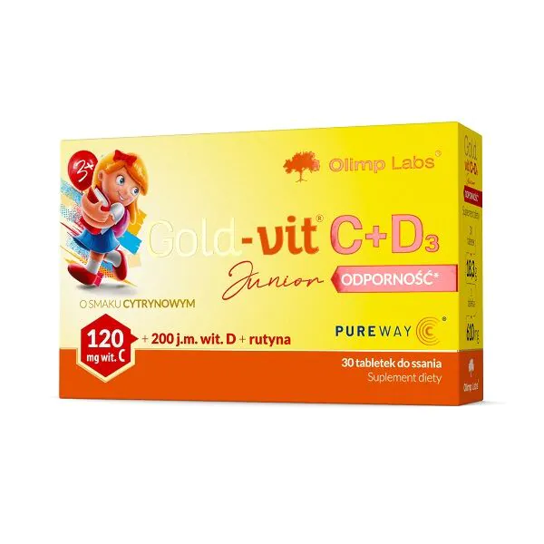 Olimp Gold-vit C+D3 Junior Odporność, Tabletki do ssania, Smak cytrynowy