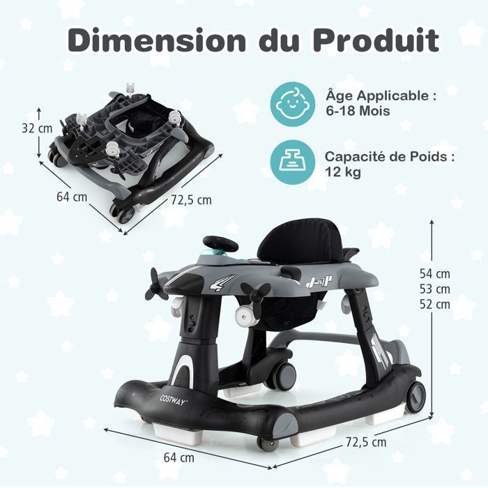 Andador plegable 6 en 1 para bebés COSTWAY - Diseño de avión - Altura ajustable - Caja de música con luces LED - Bandeja de alimentación - De 6 a 18 meses - Gris