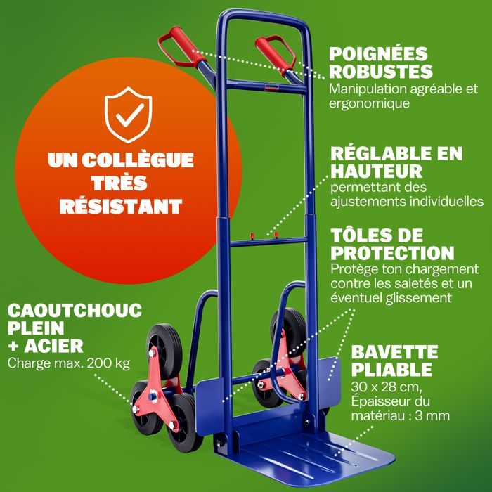 DEUBA® Diable d’escalier pliable réglable charge 200kg 6 roues déménagement charge lourde diable de manutention chariot transport