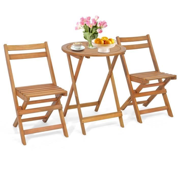 Set di mobili da giardino pieghevoli in legno di acacia COSTWAY, composto da 3 pezzi: tavolo e 2 sedie con struttura a doghe - Arredamento da giardino per patio.