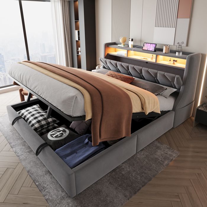 Lit Coffre 180x200 Capitonné avec LED et Prise Intégrée, Ouverture Hydraulique, Sans Matelas - Velours Gris