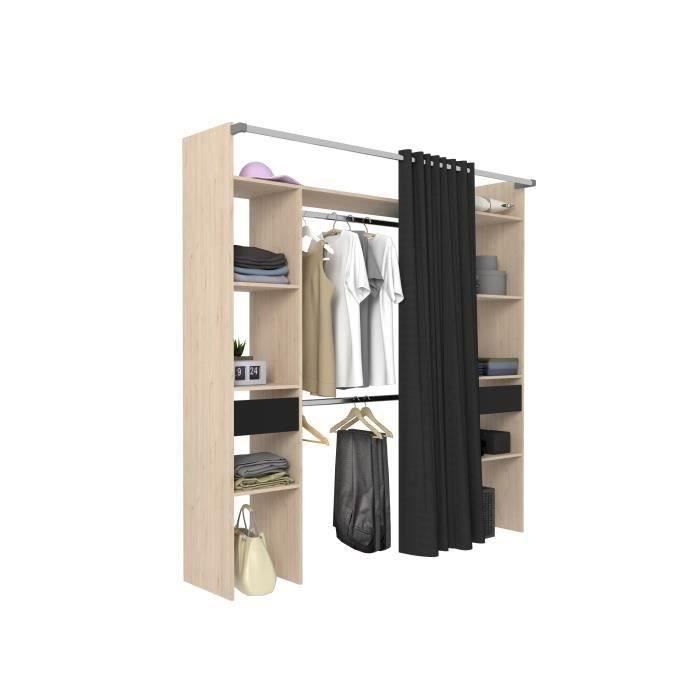 Dressing double ARTIC - L198 x P48 x H203 cm - Décor chêne + rideau noir - Made in France