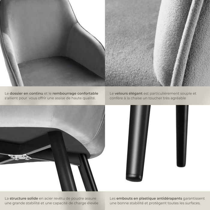 Sedia - TECTAKE - Sedia da pranzo MARYLIN in velluto con gambe in acciaio nero - Grigio/Nero