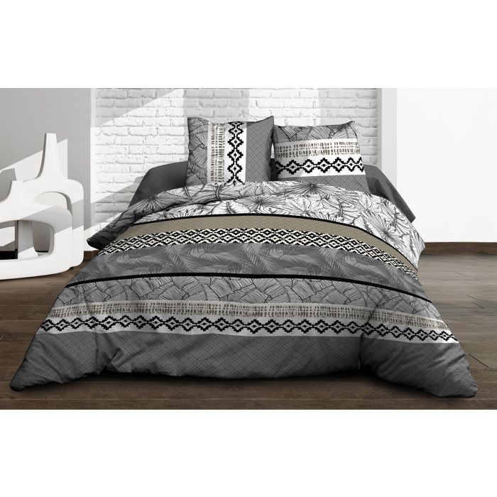 Copripiumino - JULES' LINEN - Fogliame Grigio - Puro cotone 57 fili/cm² - 240x260 + 2 federe - Bottoni a pressione