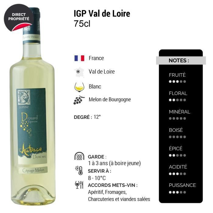 Val de Loire Audace Demi-Sec Blanc - Lot de 6x75cl - Vignoble Drouard - Vin IGP Blanc du Val de Loire - Cépage Melon de Bourgogne