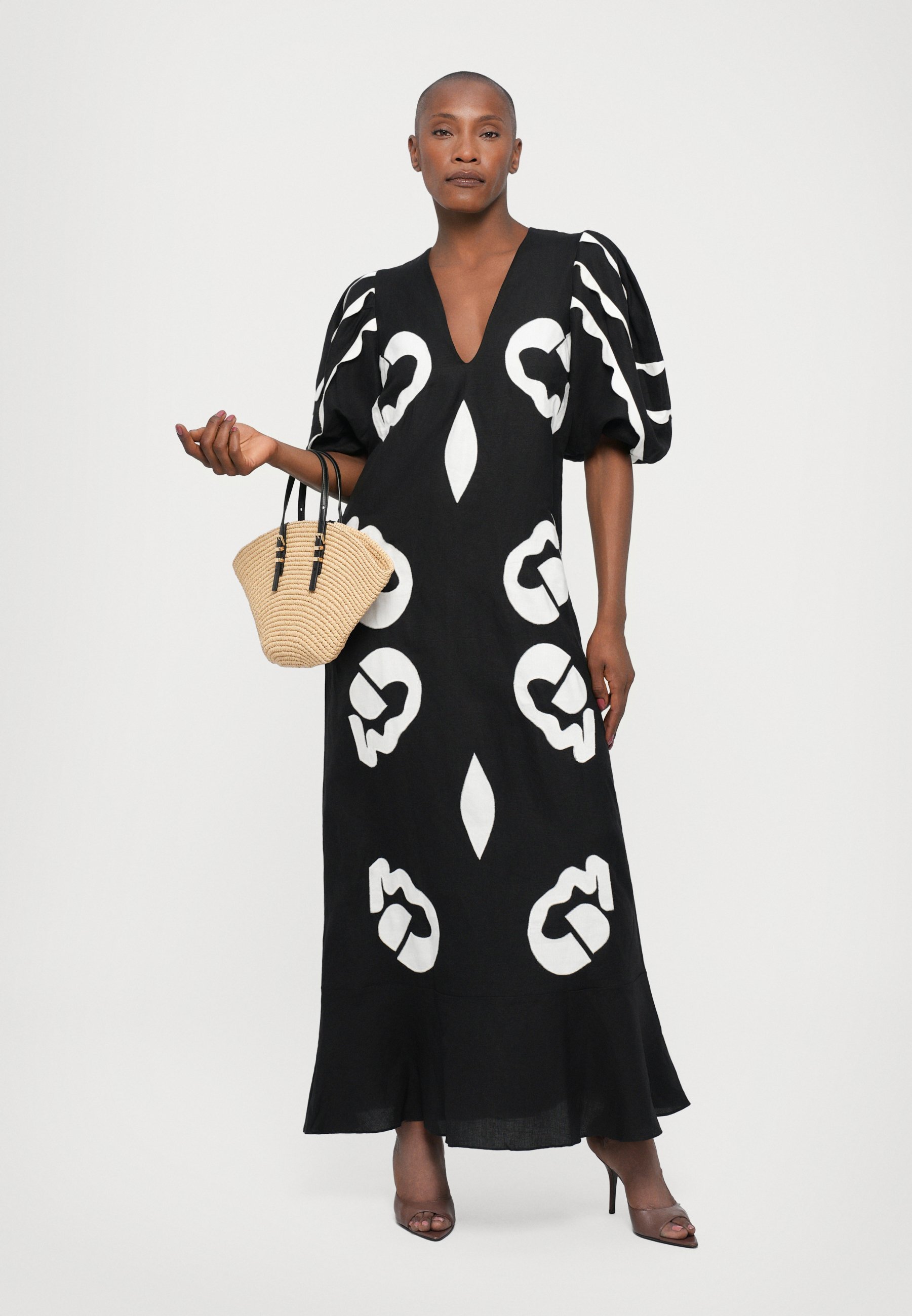 Robe midi à col en V ornée d'appliqués Adriana Degreas - Robe de jour - Noire