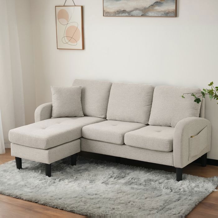 Sofá de canto em formato de L Lemonbest, 166x118x77 cm, sofá de 3 lugares com chaise removível, tecido respirável de algodão e linho - cinza claro