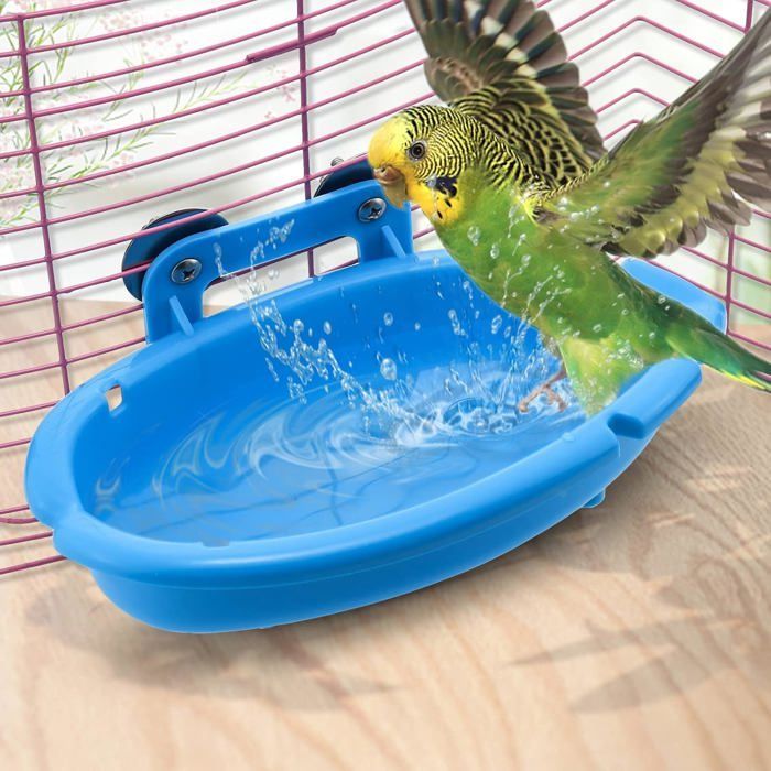 Jaula para bebederos de pájaros, bebederos para pájaros pequeños, accesorios colgantes para bañeras de periquitos/canarios (azul) Etiqueta