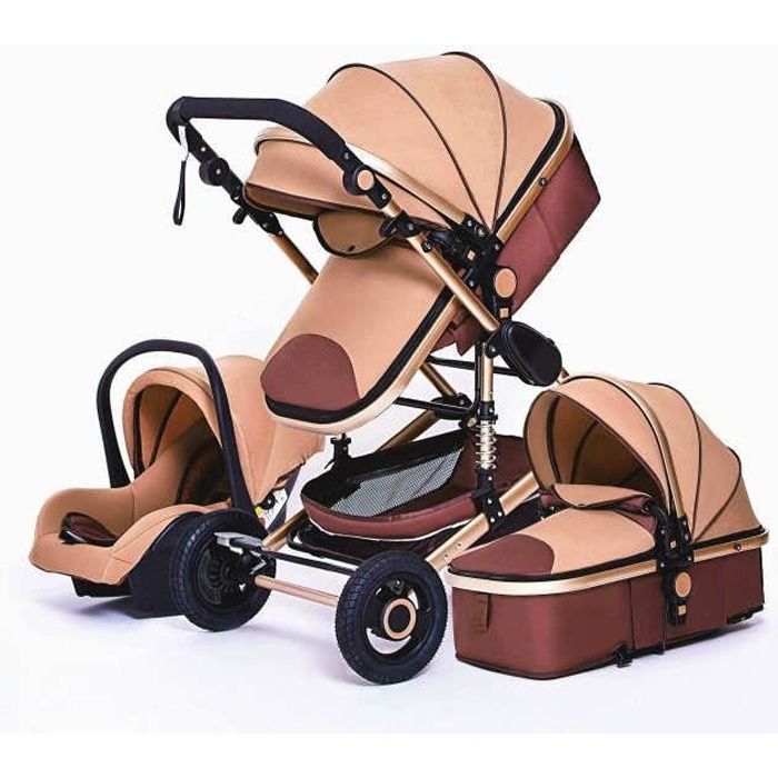 3-in-1 Kinderwagen-Trio-Pack, braun, hohes Gestell mit Stoßdämpfung, faltbar, wendbarer Autositz, pannensichere Räder