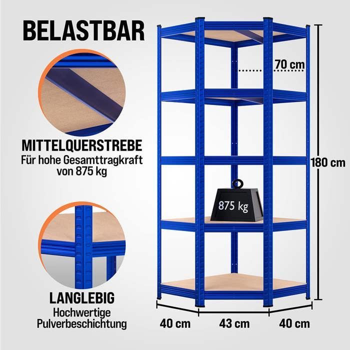 Estantería MONZANA® de alta resistencia, 180x70x40cm, color azul, con 5 baldas, capacidad máxima de 875 kg, de acero.
