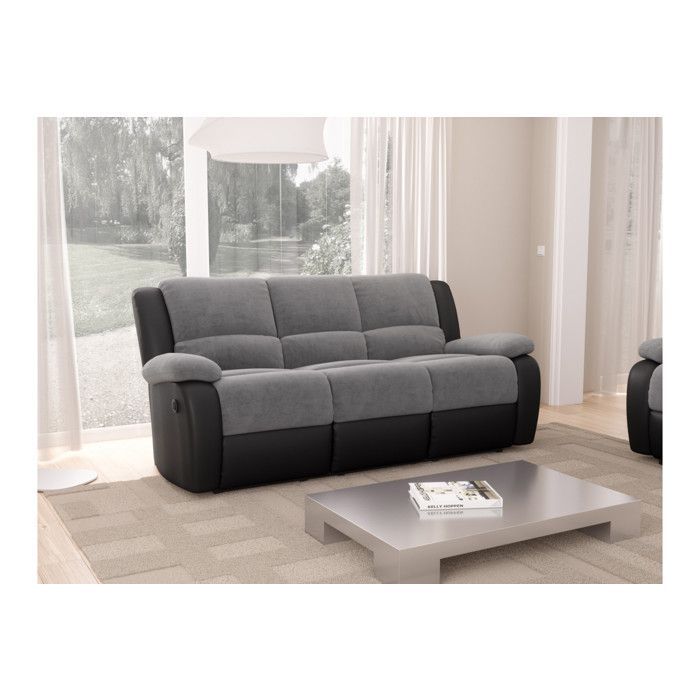 Sofá reclinable eléctrico LEO de 3 plazas en microfibra y piel sintética - Negro y gris - 193 x 93 x 96 cm - LOUNGITUDE
