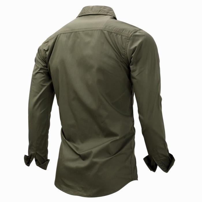 Camicia militare da uomo in cotone, maniche lunghe, casual, tinta unita - Verde militare