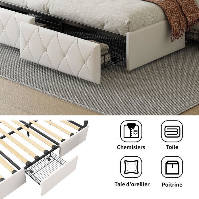 Lit Double Capitonné - AMBIANCE - 160 x 200 cm - Éclairage LED - avec 4 Tiroirs - avec Tête de Lit hauteur réglable