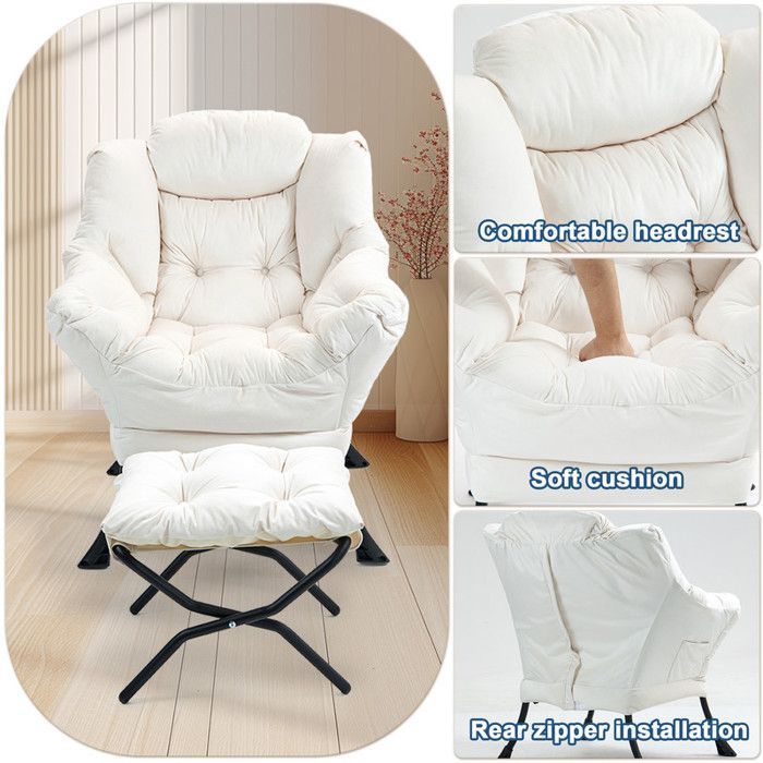 Fauteuil inclinable 75x80x85 cm avec repose-pieds pliable, fauteuil à bascule avec poches latérales, fauteuil d'allaitement, blanc