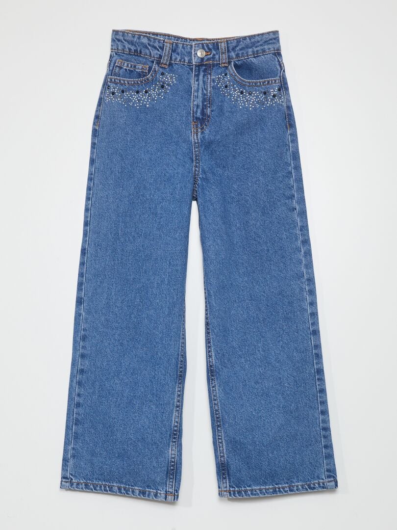 Calça jeans de perna larga com strass - AZUL
